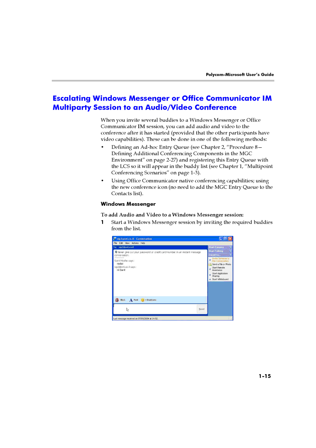 Polycom DOC2223A manual To add Audio and Video to a Windows Messenger session 