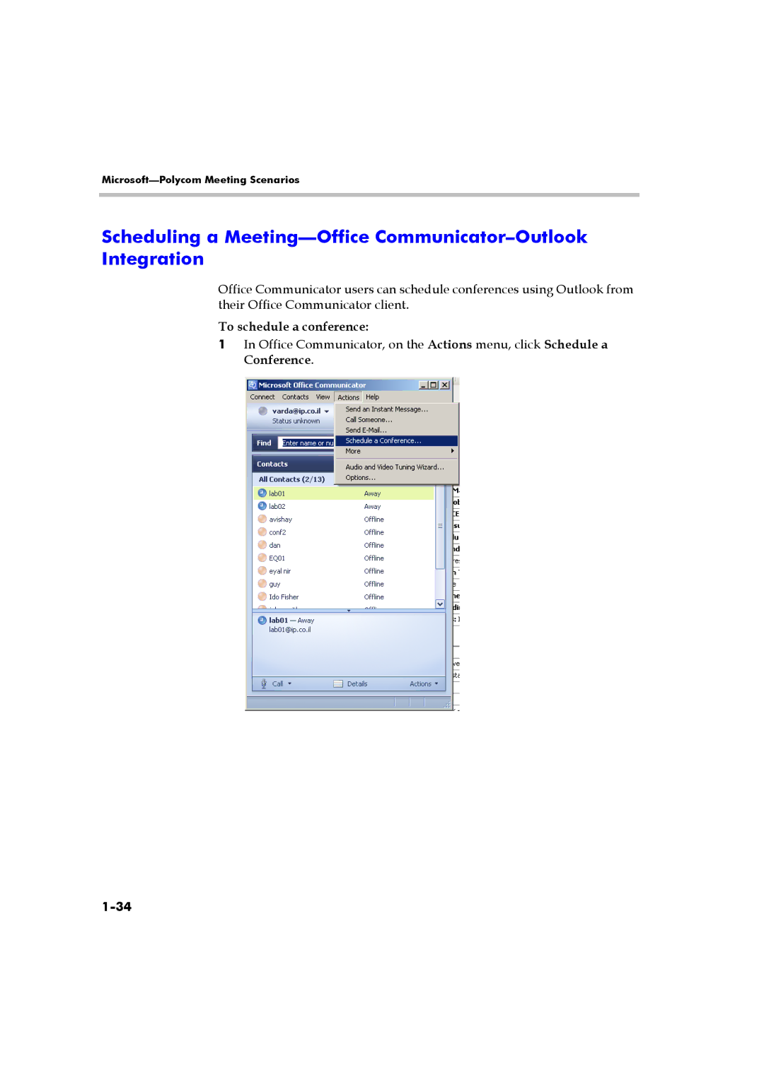 Polycom DOC2223A manual Scheduling a Meeting-Office Communicator-Outlook Integration 