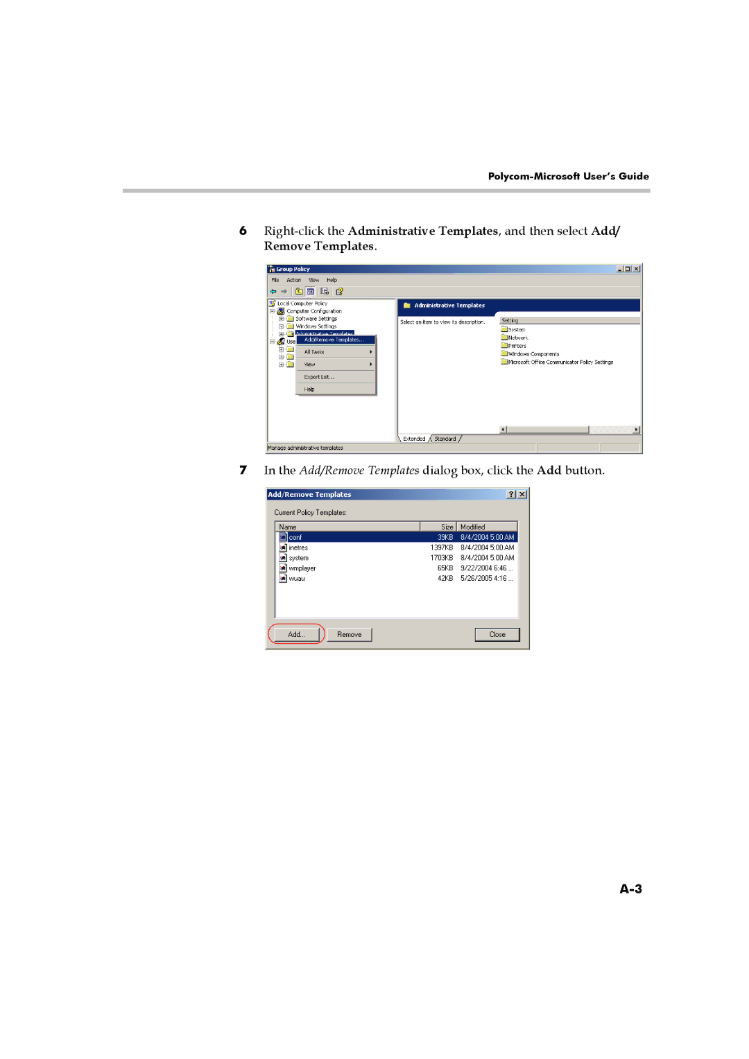 Polycom DOC2223A manual Add/Remove Templates dialog box, click the Add button 