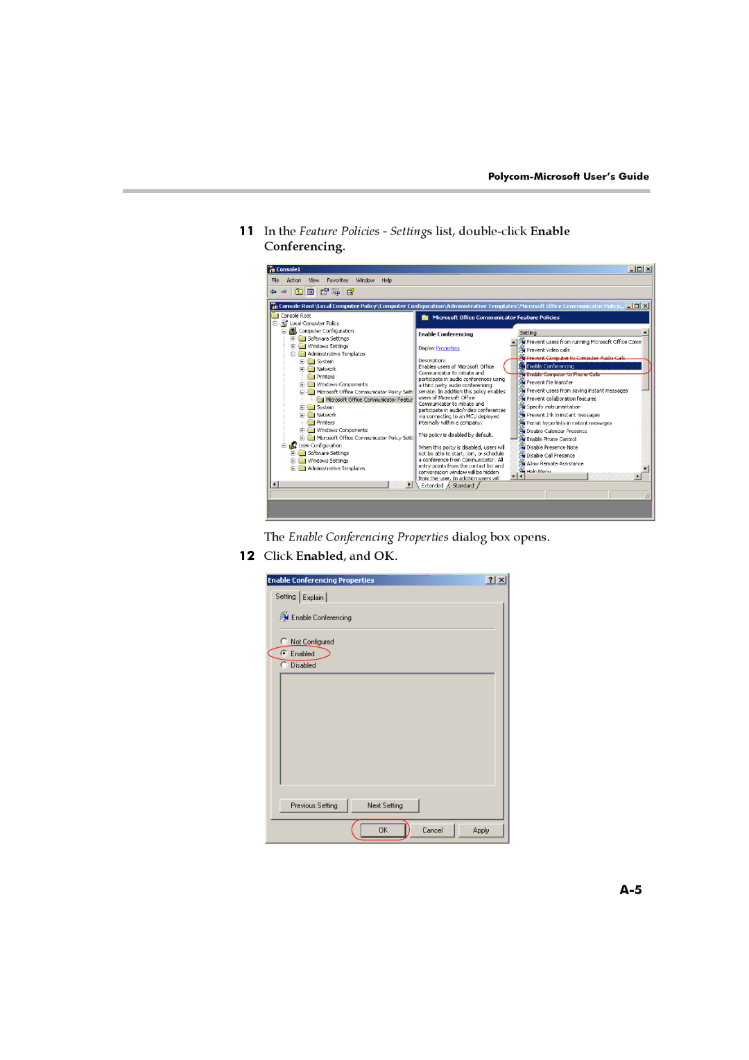 Polycom DOC2223A manual Enable Conferencing Properties dialog box opens 