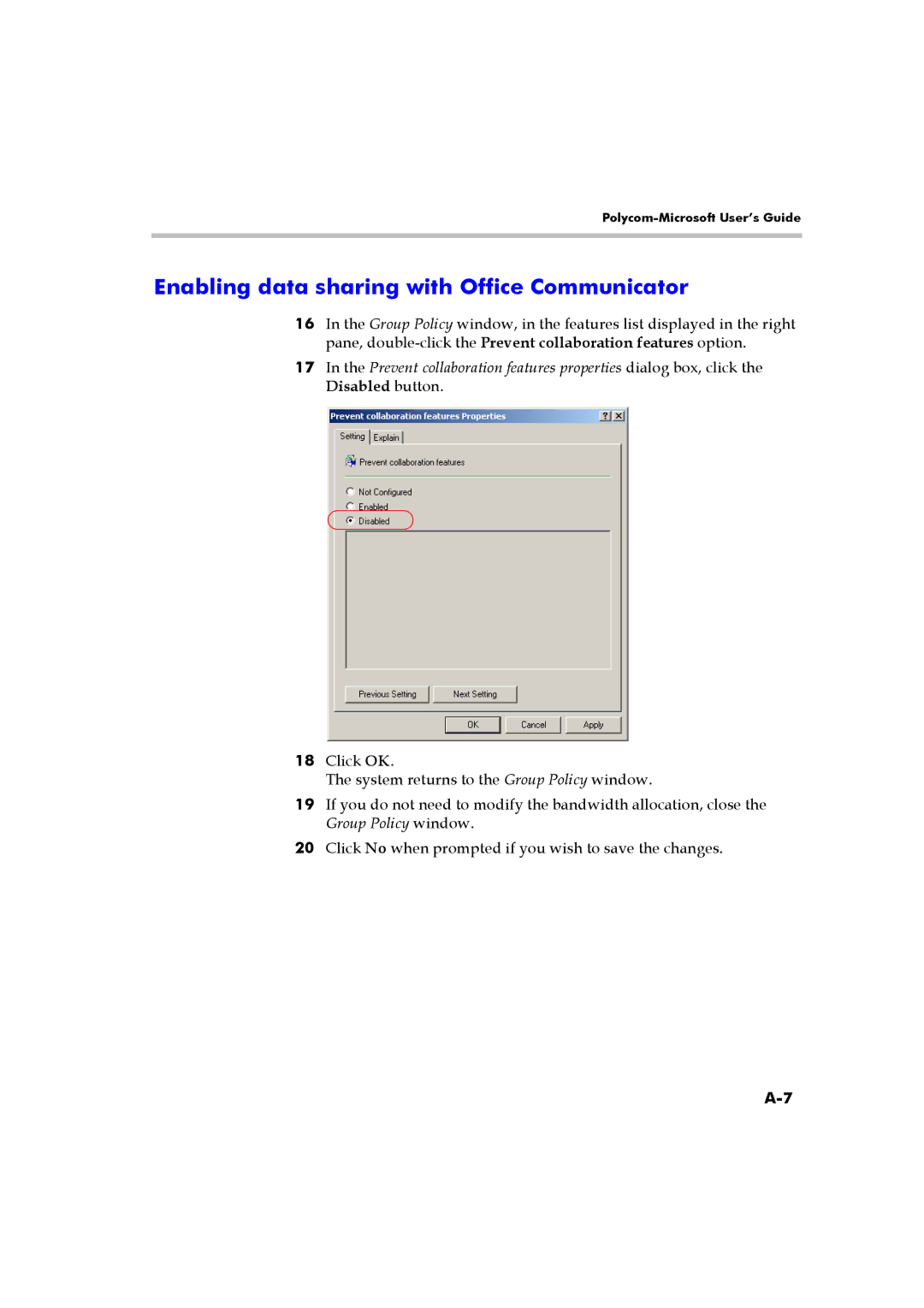 Polycom DOC2223A manual Enabling data sharing with Office Communicator 