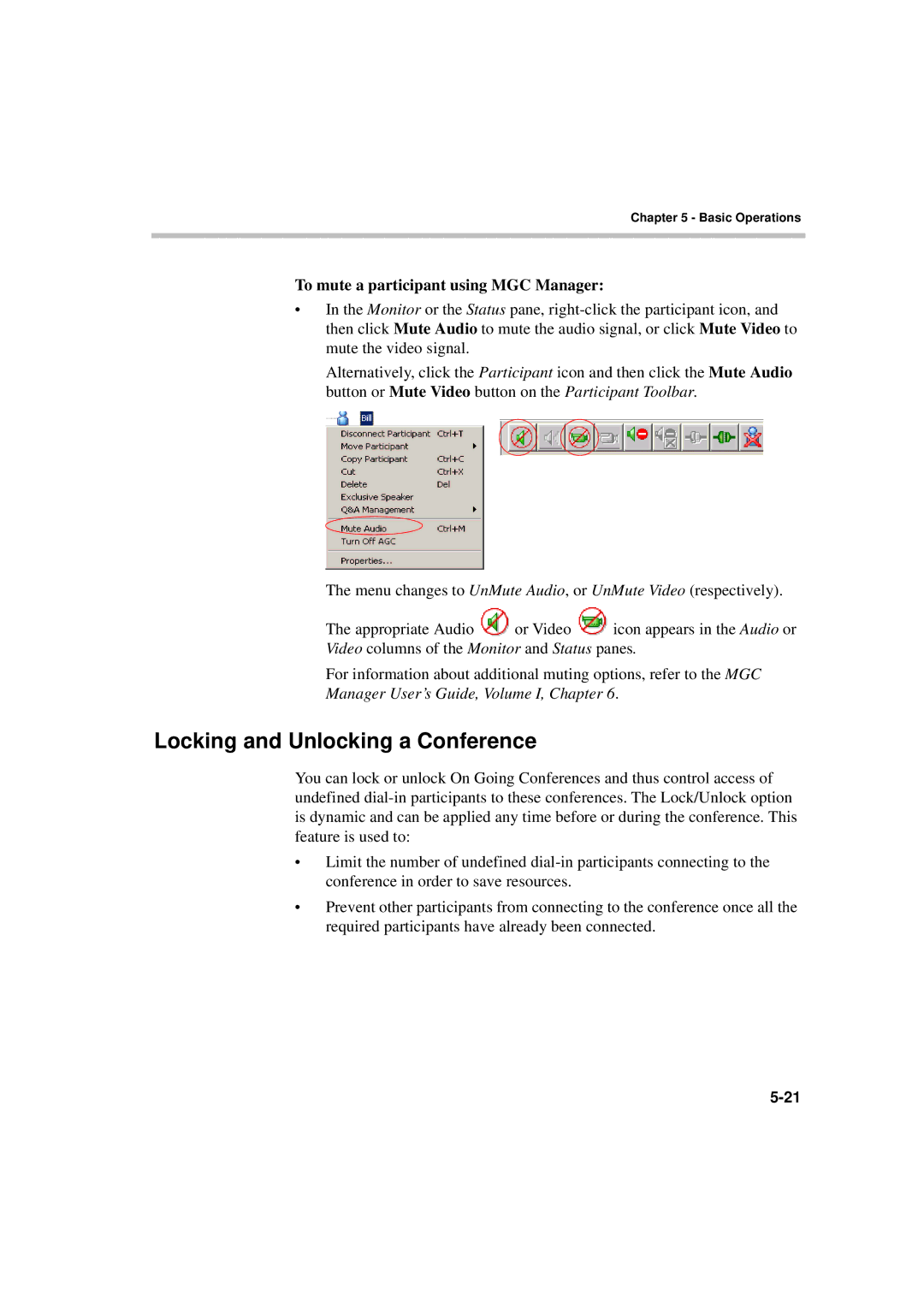 Polycom DOC2230A manual Locking and Unlocking a Conference, To mute a participant using MGC Manager 