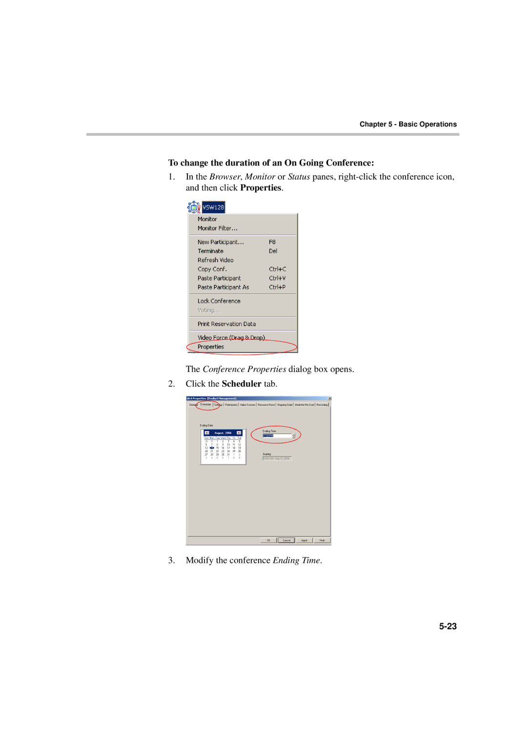 Polycom DOC2230A manual To change the duration of an On Going Conference, Conference Properties dialog box opens 