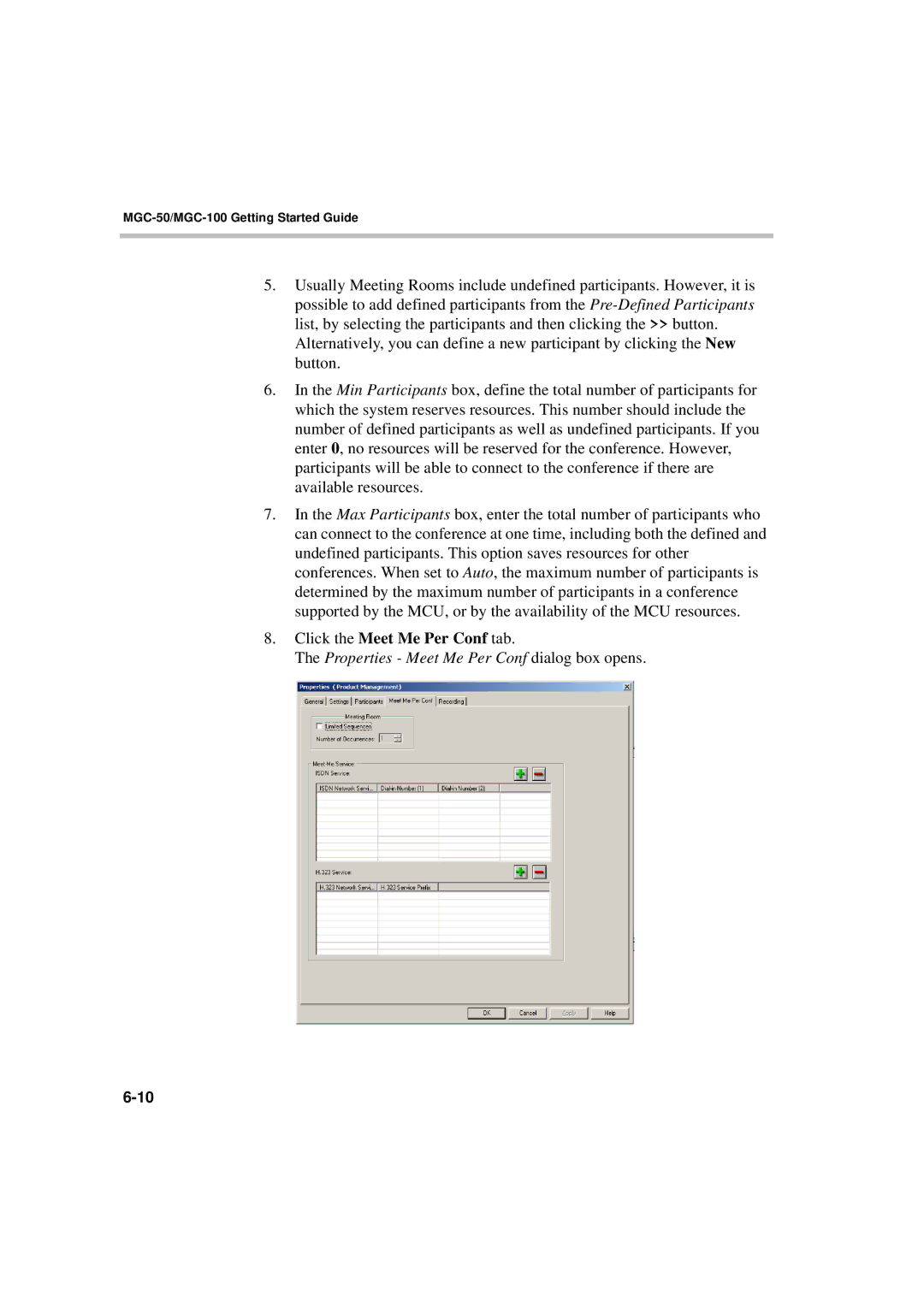 Polycom DOC2230A manual Click the Meet Me Per Conf tab, Properties Meet Me Per Conf dialog box opens 