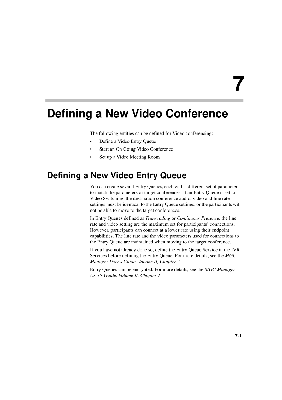 Polycom DOC2230A manual Defining a New Video Conference, Defining a New Video Entry Queue 