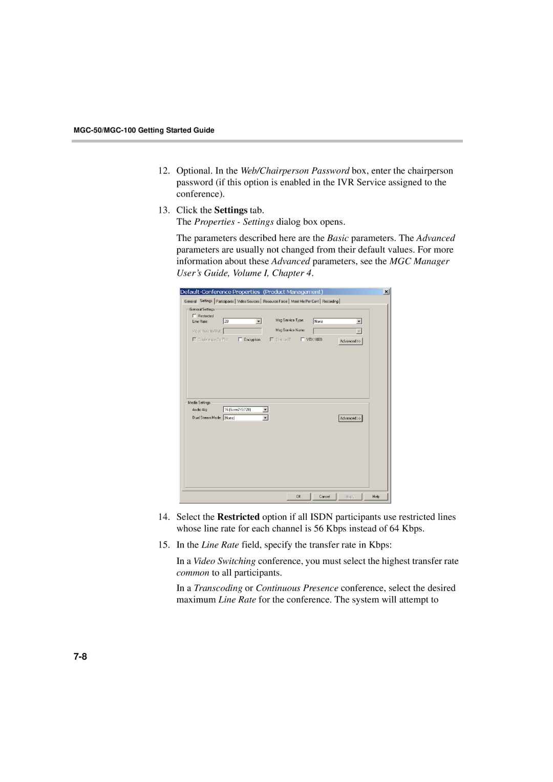 Polycom DOC2230A manual Properties Settings dialog box opens 