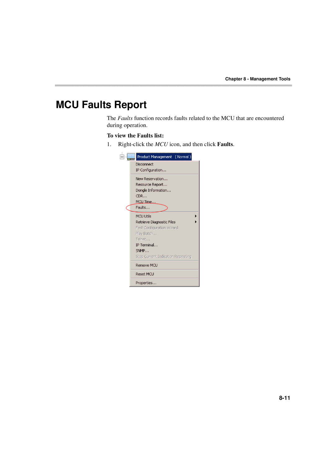 Polycom DOC2230A manual MCU Faults Report, To view the Faults list 