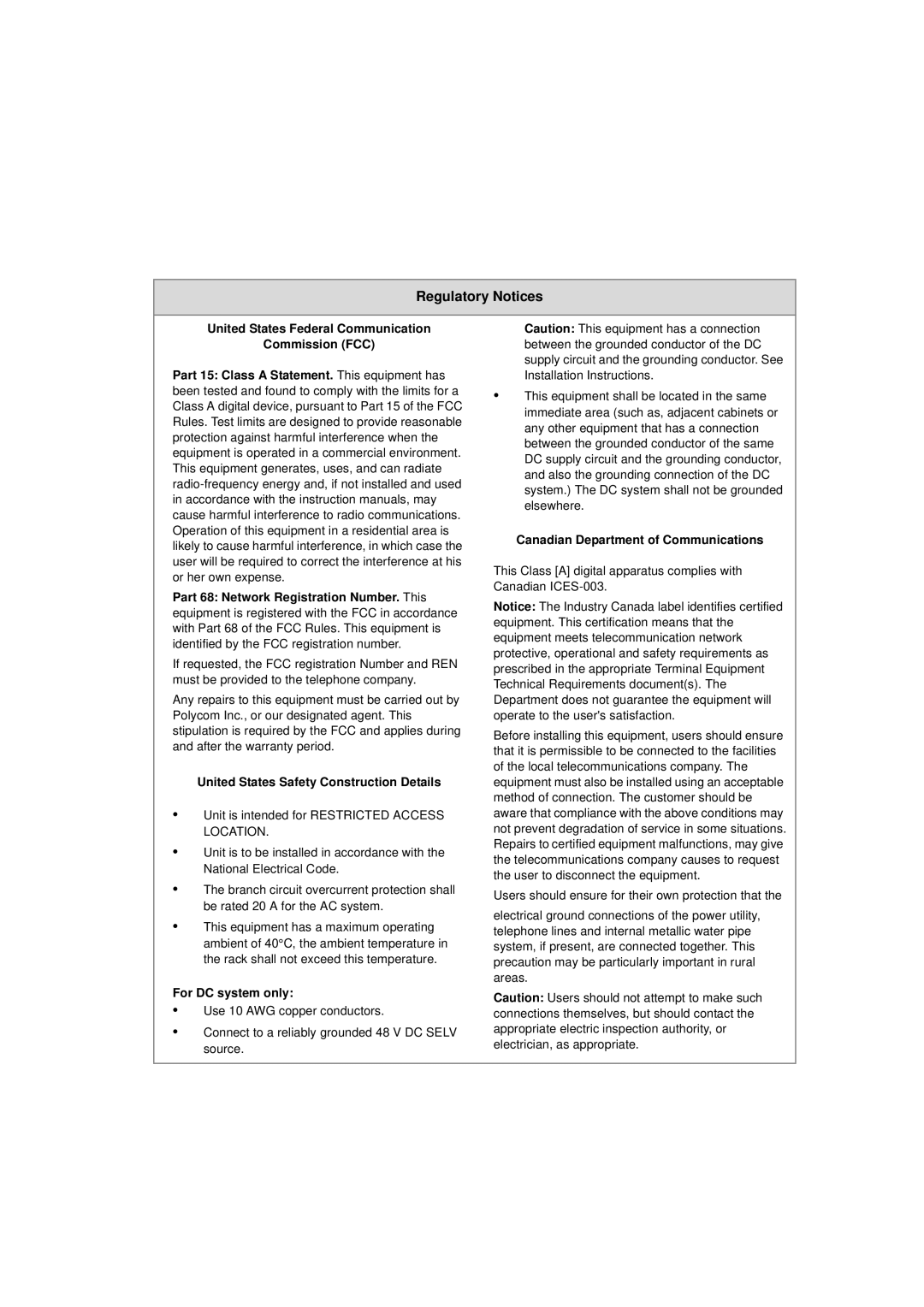 Polycom DOC2230A manual Regulatory Notices, United States Federal Communication Commission FCC 