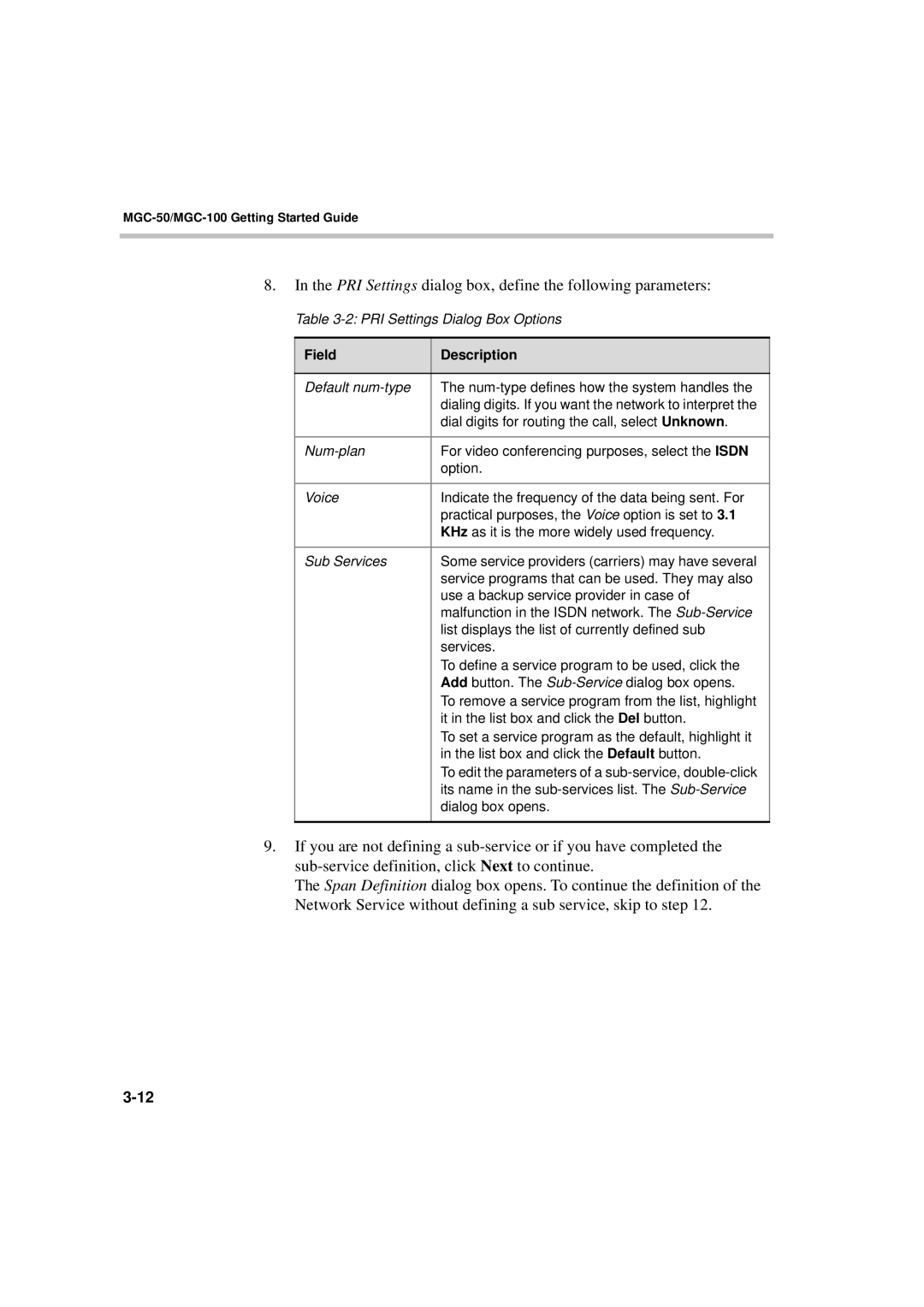 Polycom DOC2230A manual PRI Settings dialog box, define the following parameters 