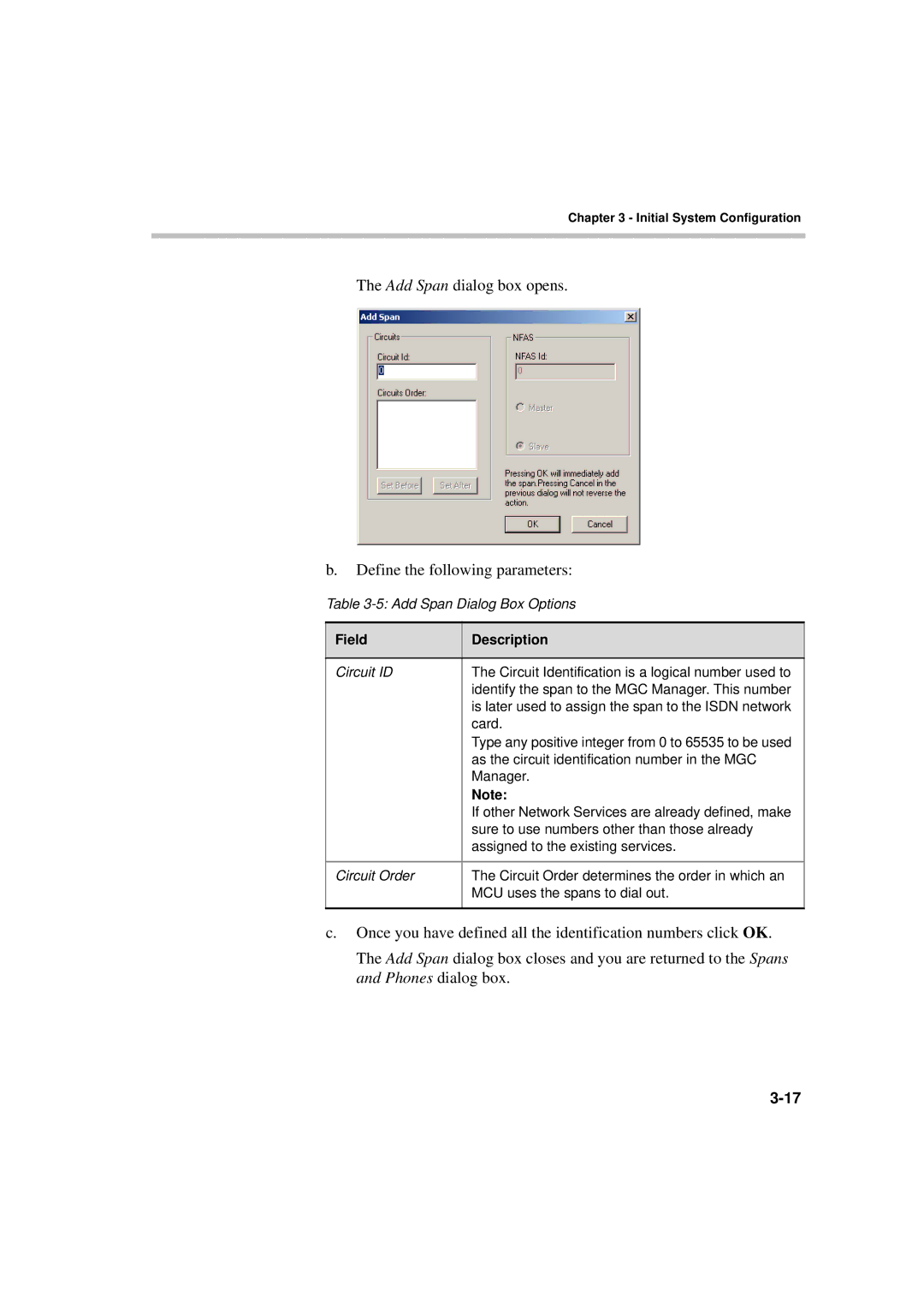 Polycom DOC2230A manual Add Span dialog box opens Define the following parameters 