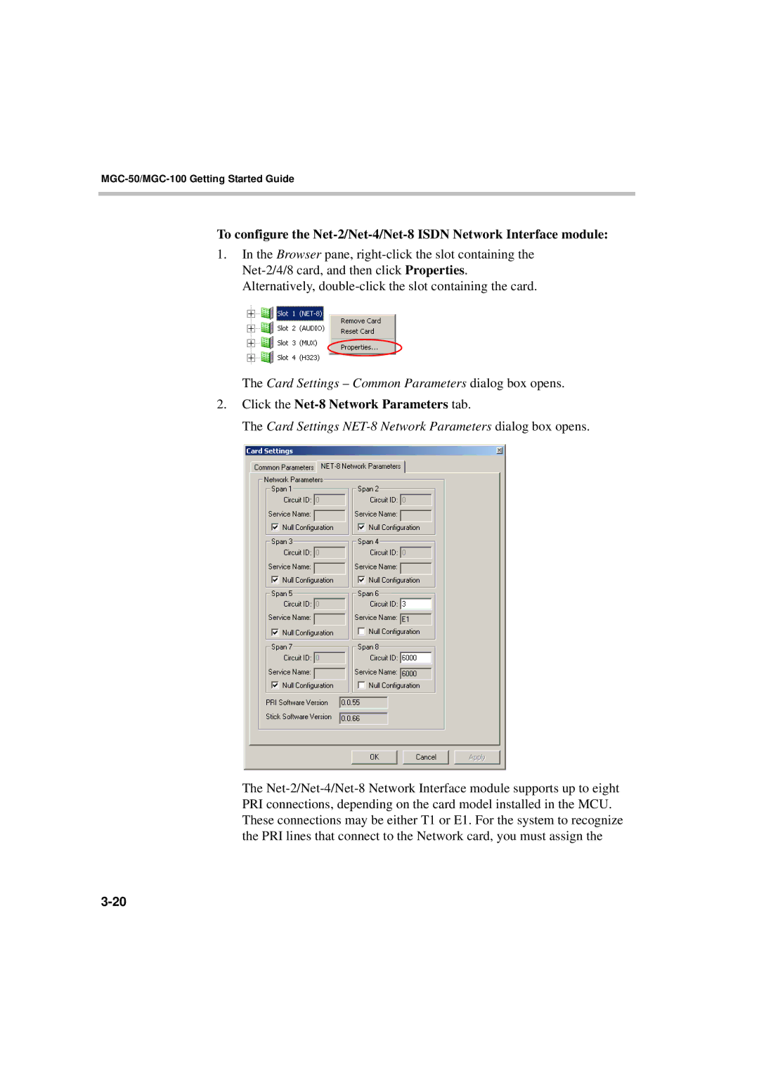 Polycom DOC2230A manual Card Settings Common Parameters dialog box opens, Click the Net-8 Network Parameters tab 