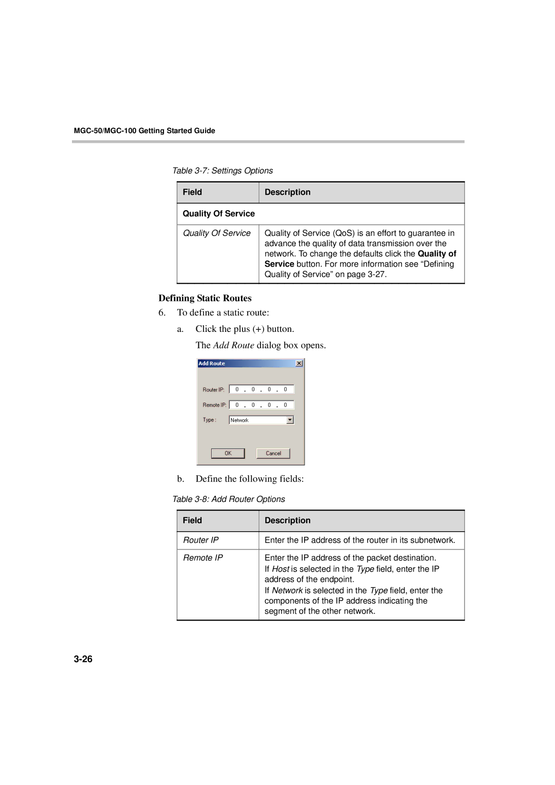 Polycom DOC2230A manual Defining Static Routes, Field Description Quality Of Service 