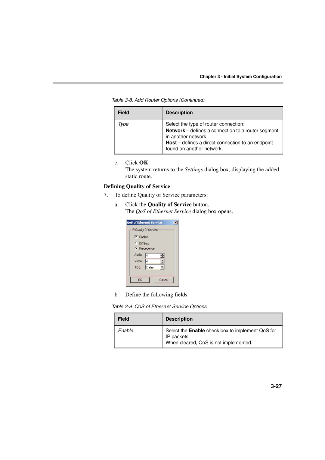 Polycom DOC2230A manual Defining Quality of Service, Click the Quality of Service button, Field 