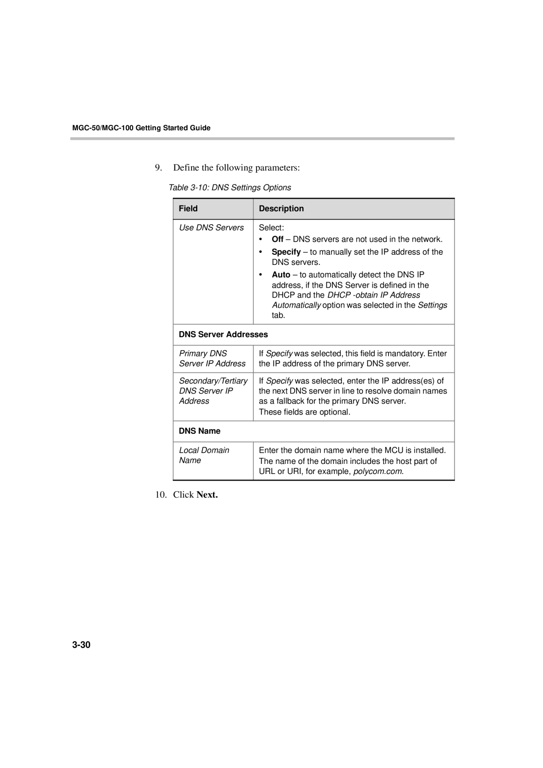 Polycom DOC2230A manual DNS Server Addresses, DNS Name 