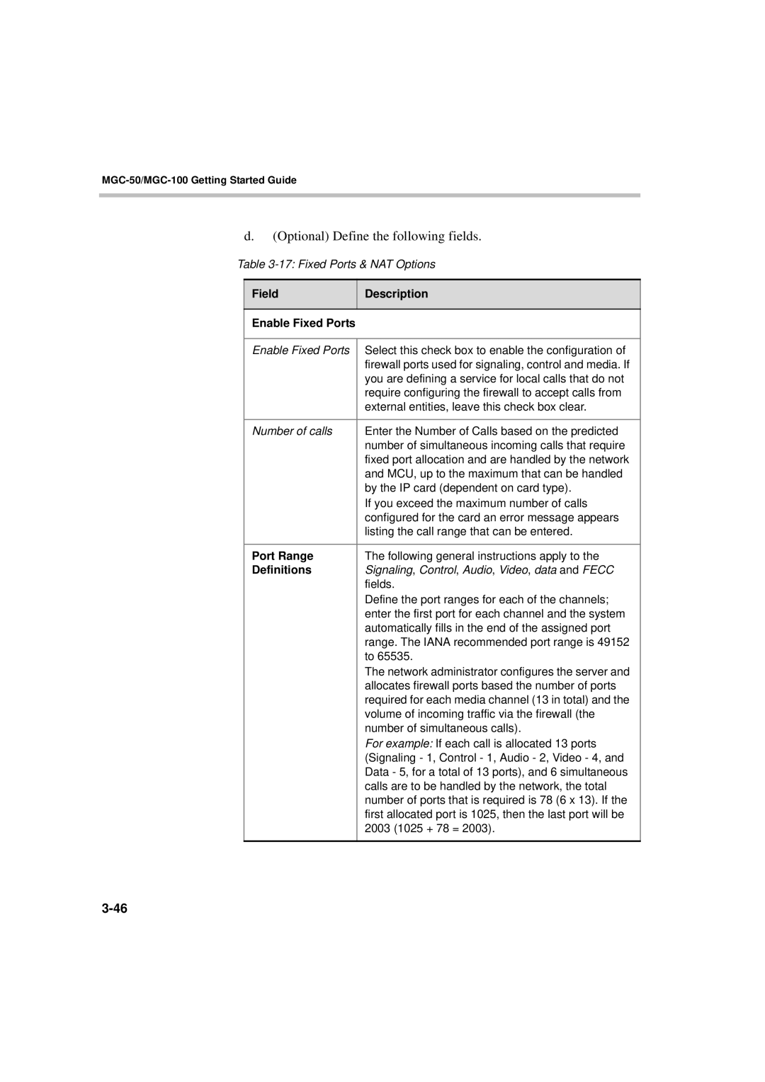 Polycom DOC2230A manual Field Description Enable Fixed Ports, Port Range, Definitions 