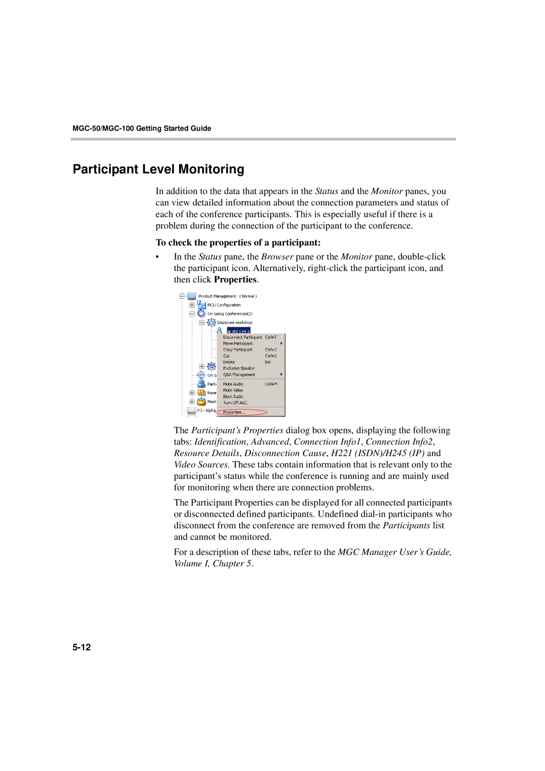 Polycom DOC2230A manual Participant Level Monitoring, To check the properties of a participant 