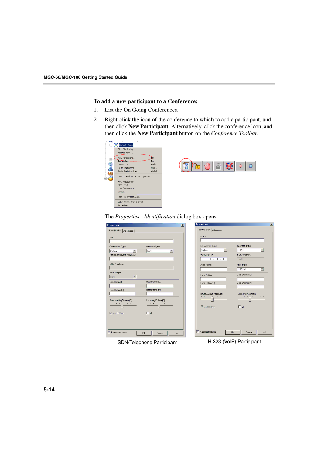 Polycom DOC2230A manual To add a new participant to a Conference, Properties Identification dialog box opens 