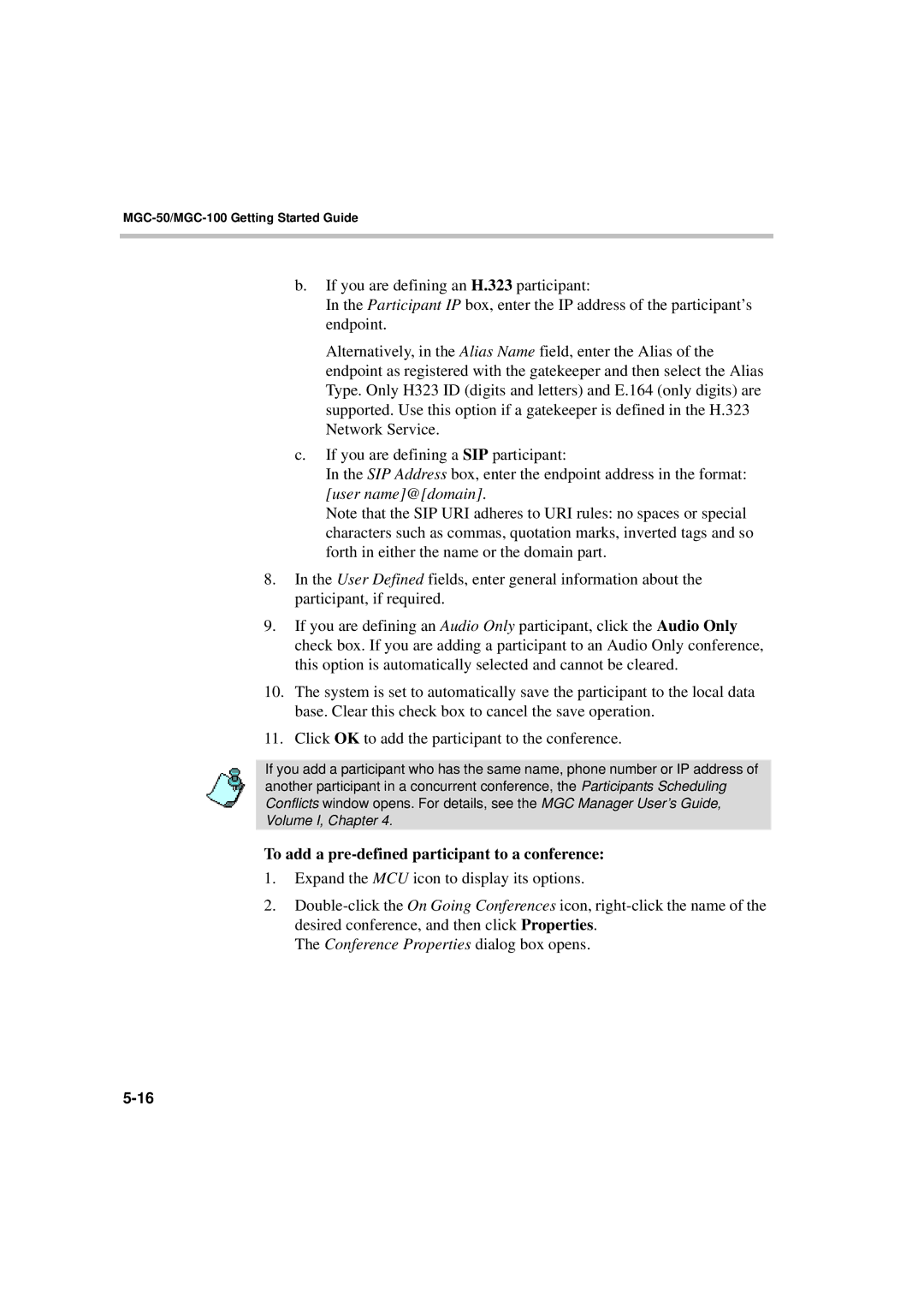 Polycom DOC2230A manual To add a pre-defined participant to a conference, Conference Properties dialog box opens 