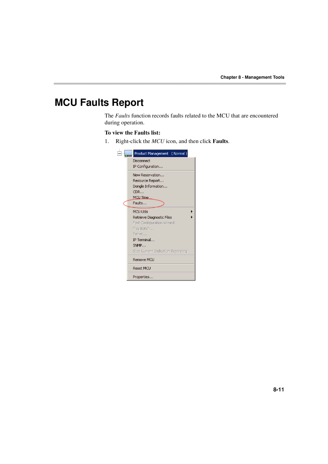 Polycom DOC2231A manual MCU Faults Report, To view the Faults list 