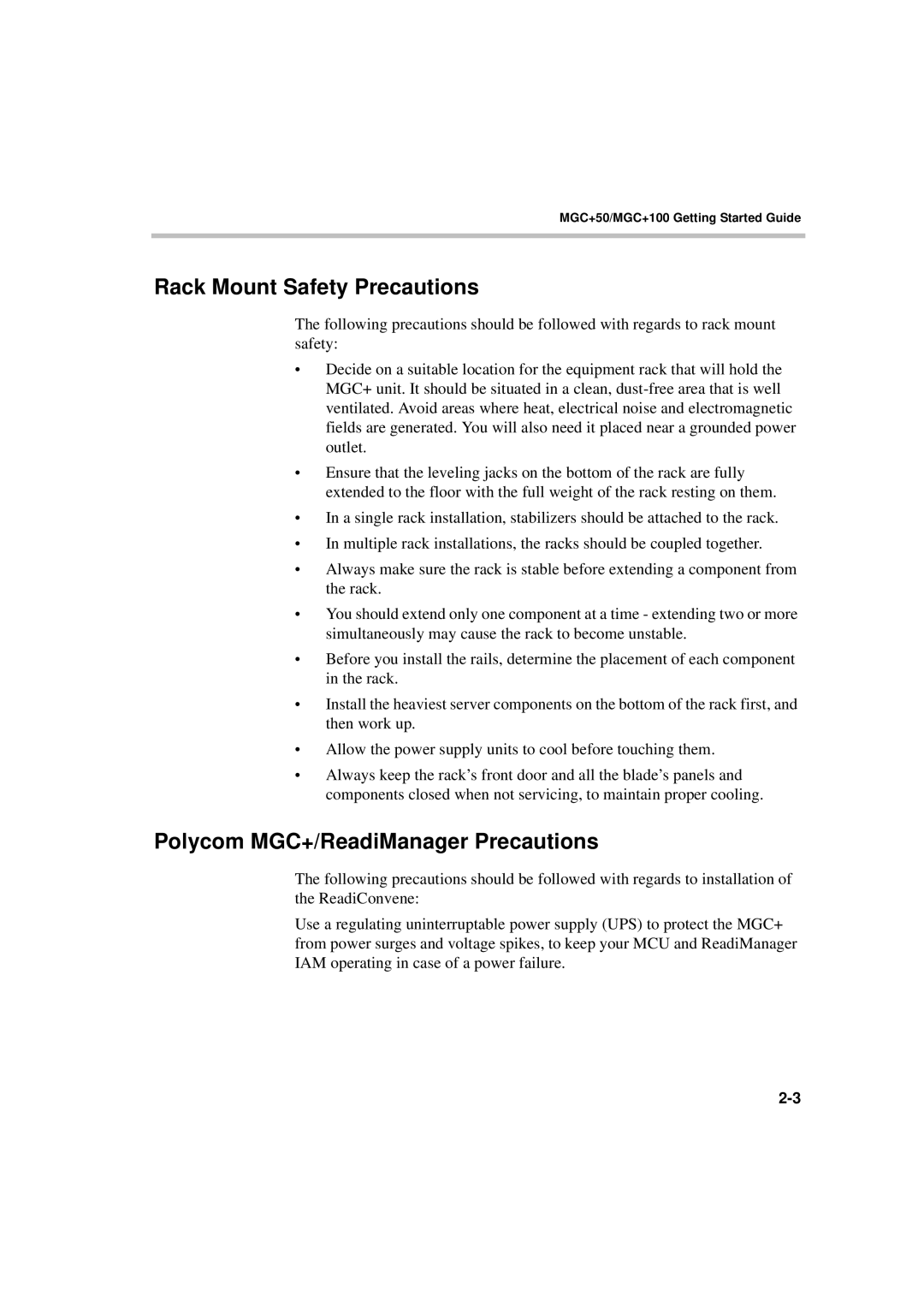 Polycom DOC2231A manual Rack Mount Safety Precautions, Polycom MGC+/ReadiManager Precautions 