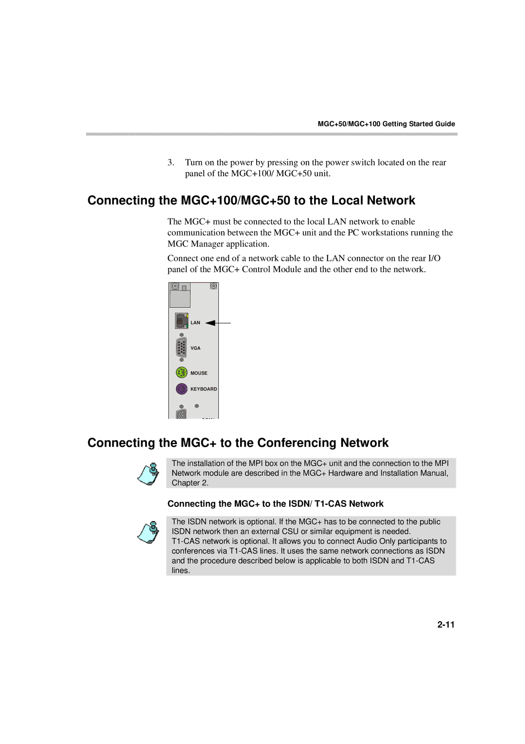 Polycom DOC2231A manual Connecting the MGC+100/MGC+50 to the Local Network, Connecting the MGC+ to the Conferencing Network 