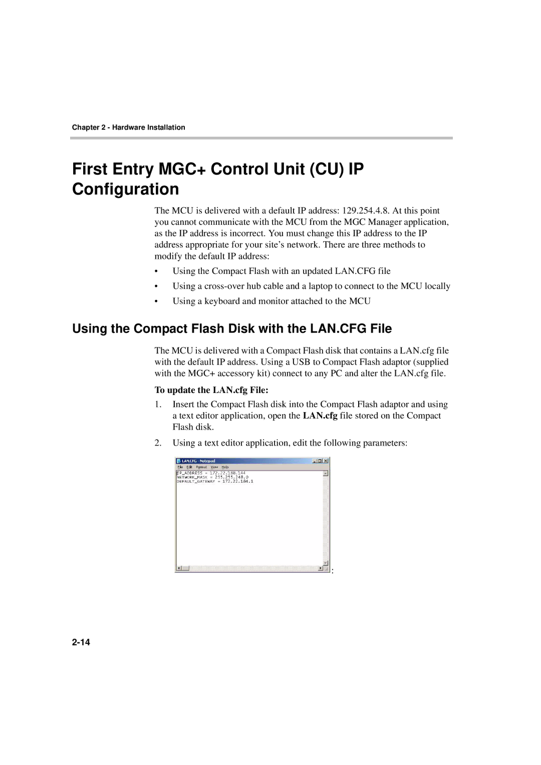 Polycom DOC2231A First Entry MGC+ Control Unit CU IP Configuration, Using the Compact Flash Disk with the LAN.CFG File 