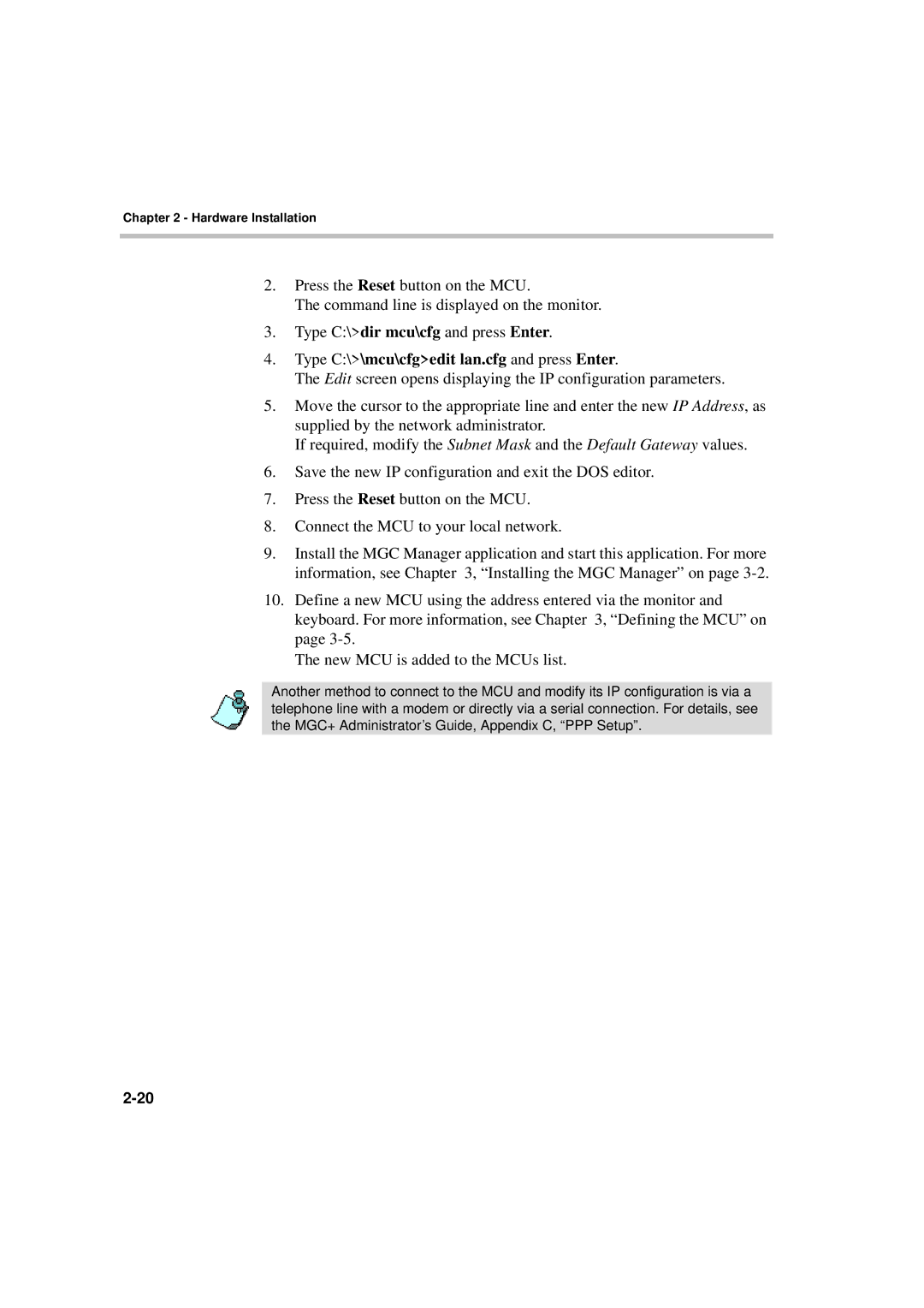 Polycom DOC2231A manual Type C\\mcu\cfgedit lan.cfg and press Enter 