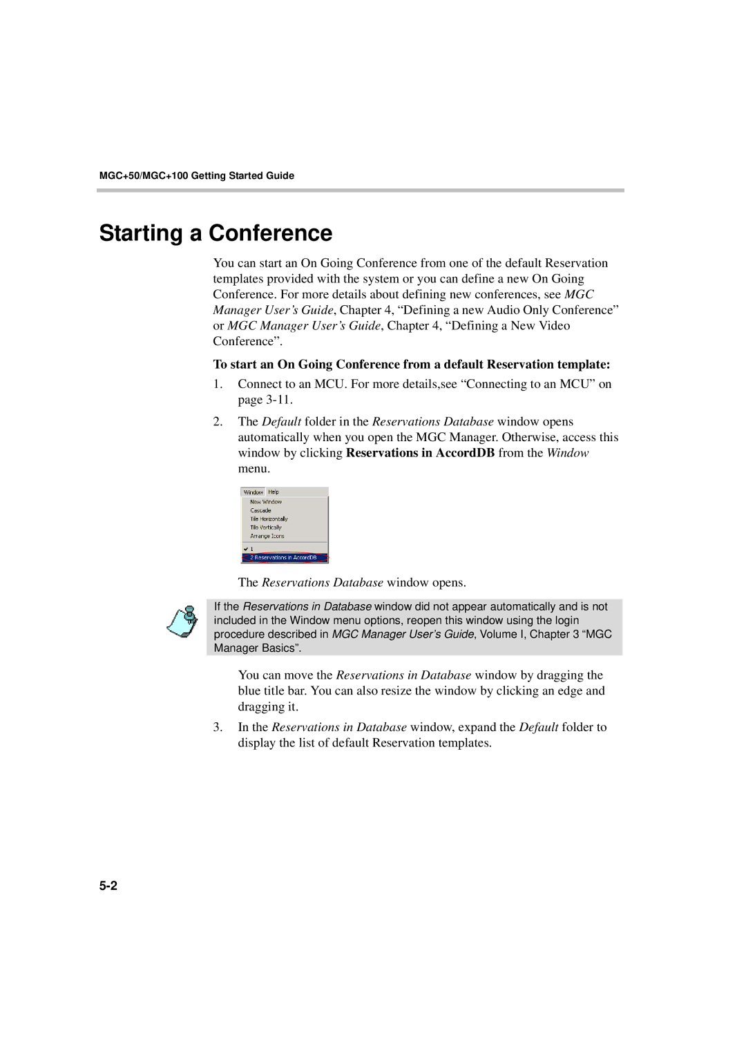 Polycom DOC2231A manual Starting a Conference, Reservations Database window opens 