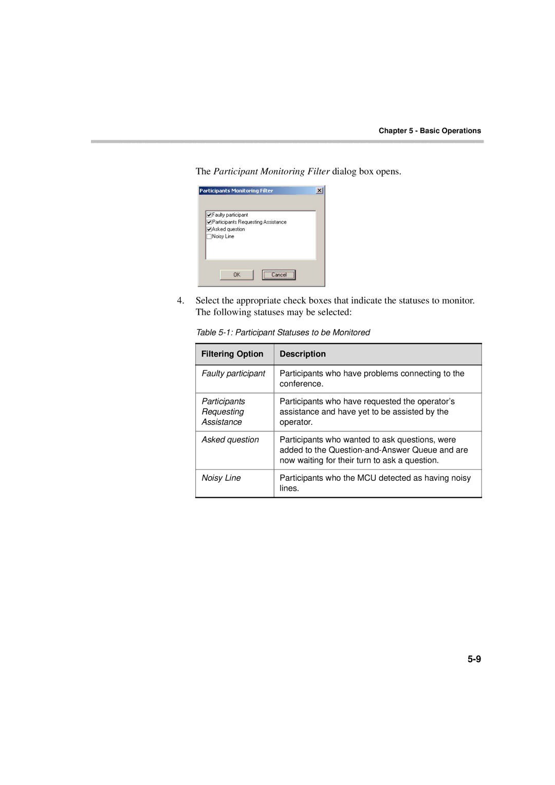 Polycom DOC2231A manual Participant Monitoring Filter dialog box opens, Filtering Option Description 