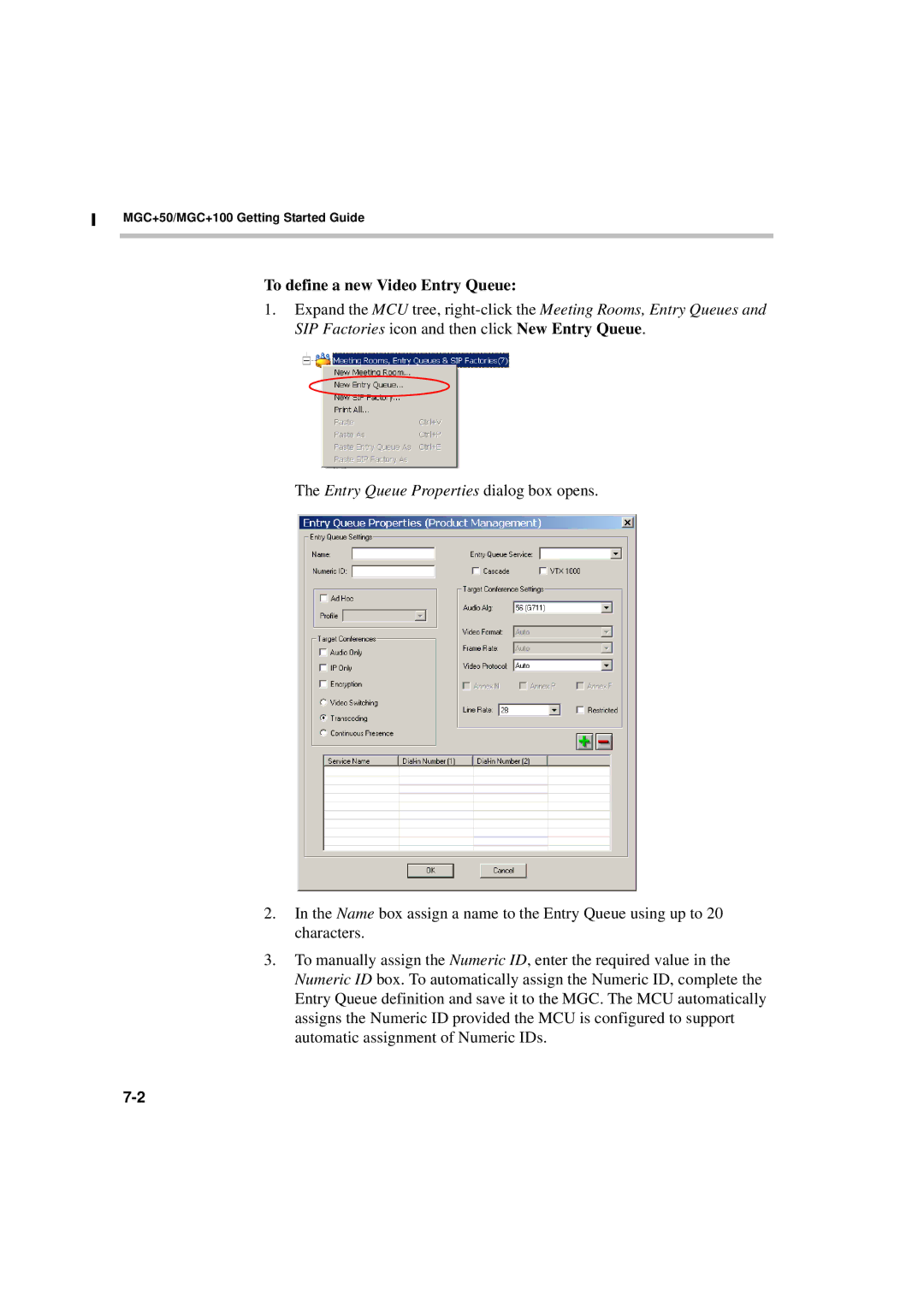 Polycom DOC2231A manual To define a new Video Entry Queue, Entry Queue Properties dialog box opens 