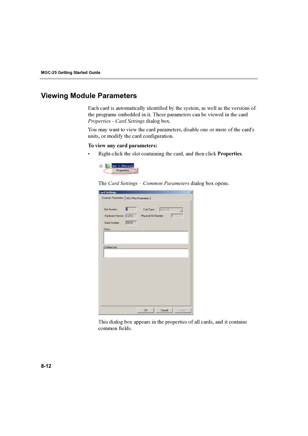 Polycom DOC2232A Viewing Module Parameters, To view any card parameters, Card Settings Common Parameters dialog box opens 