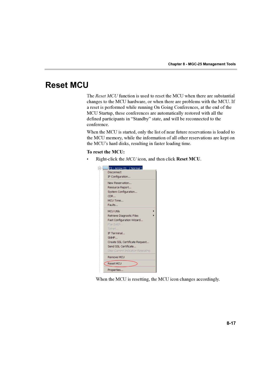 Polycom DOC2232A manual Reset MCU, To reset the MCU 