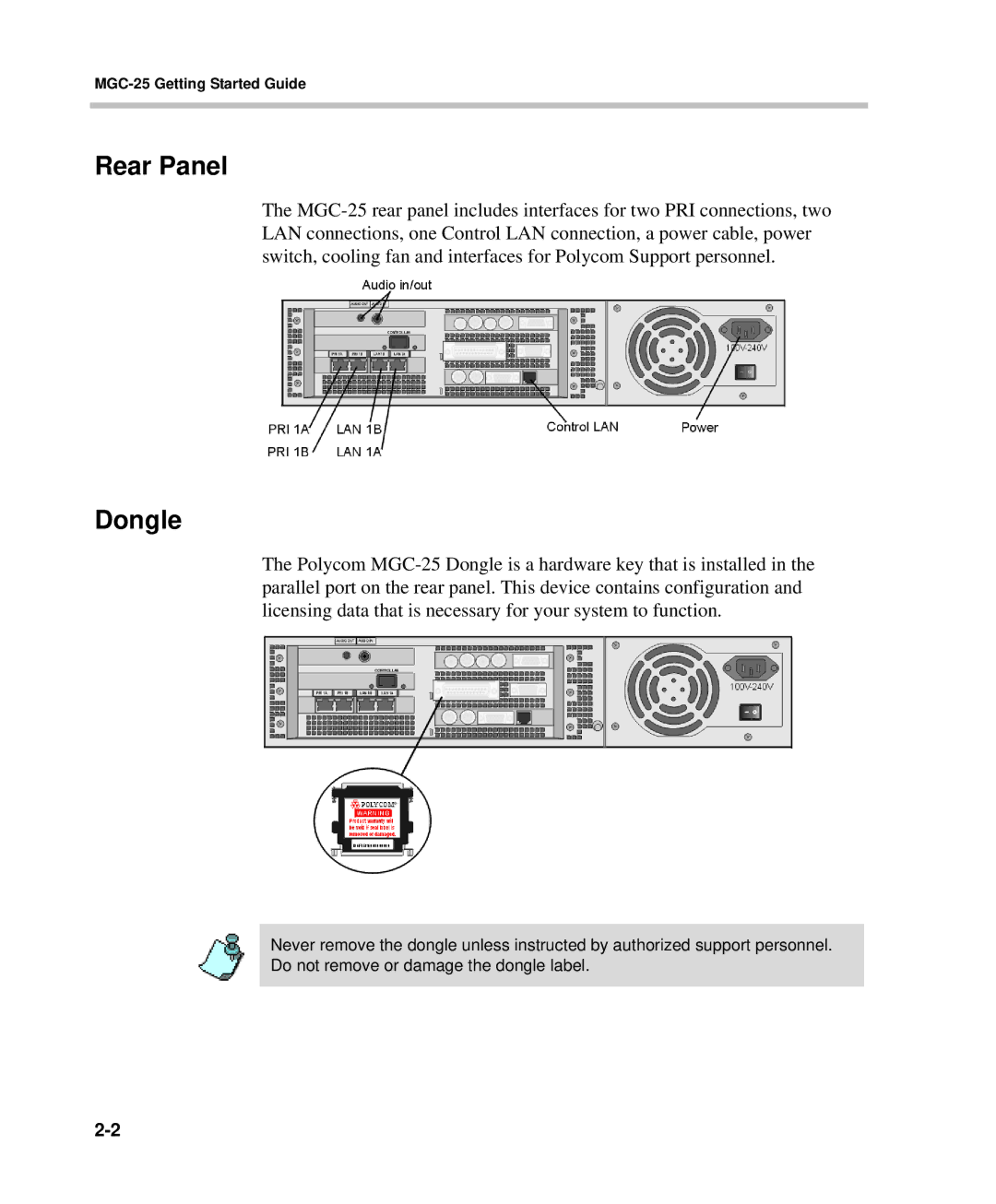 Polycom DOC2232A manual Rear Panel, Dongle 