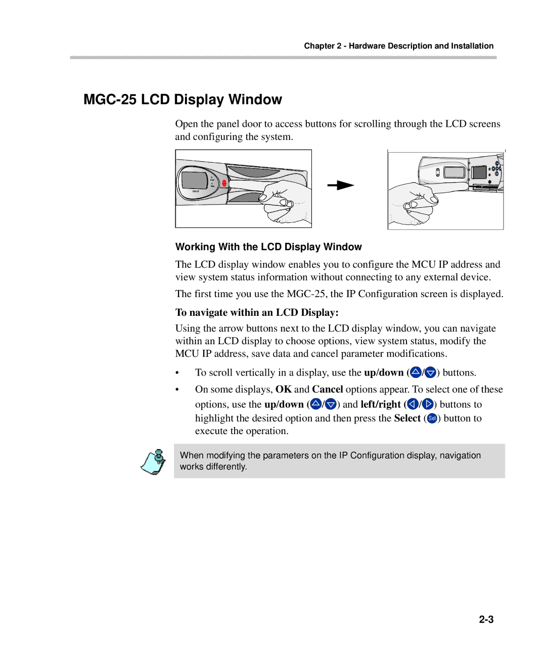 Polycom DOC2232A manual MGC-25 LCD Display Window, To navigate within an LCD Display 