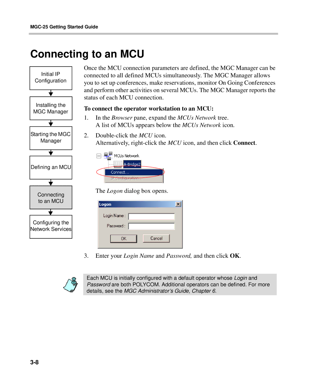 Polycom DOC2232A manual Connecting to an MCU, To connect the operator workstation to an MCU 