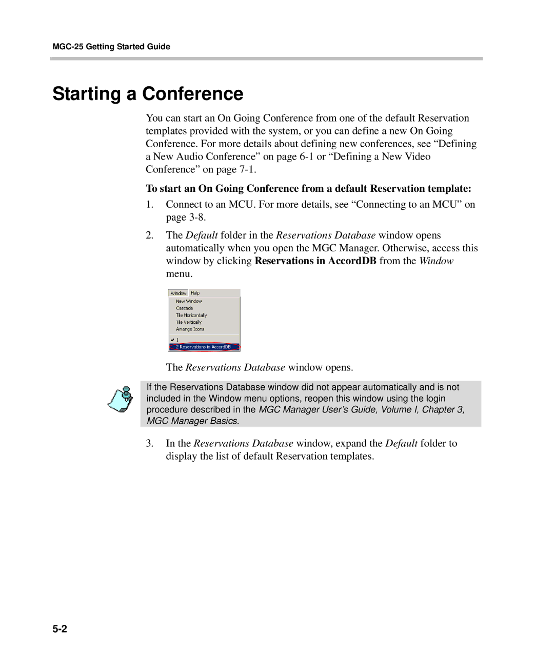 Polycom DOC2232A manual Starting a Conference, Reservations Database window opens 