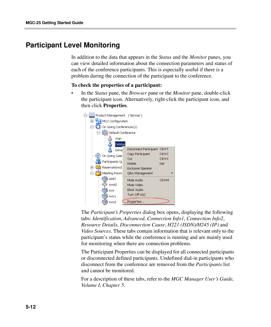 Polycom DOC2232A manual Participant Level Monitoring, To check the properties of a participant 