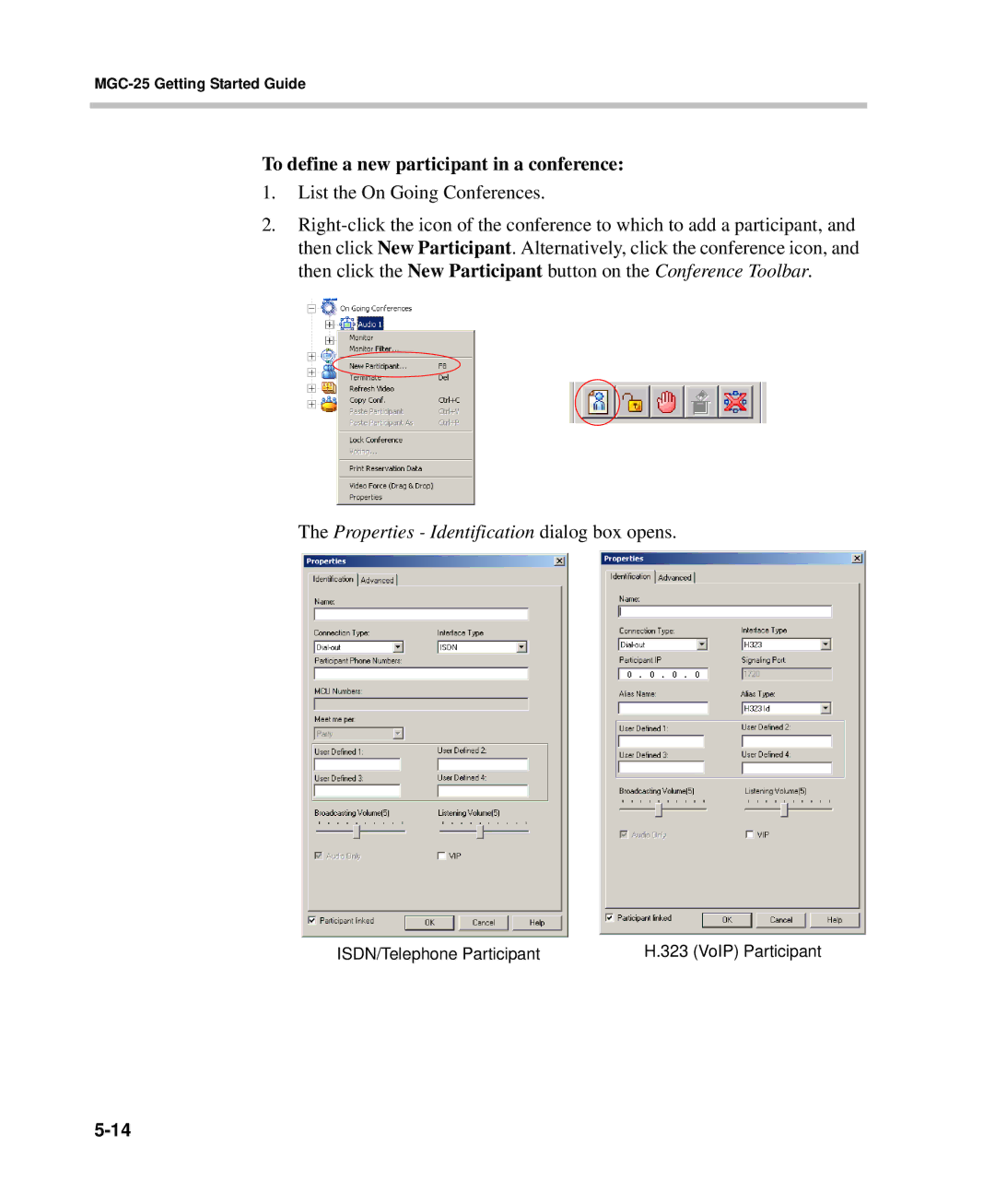 Polycom DOC2232A manual To define a new participant in a conference, Properties Identification dialog box opens 