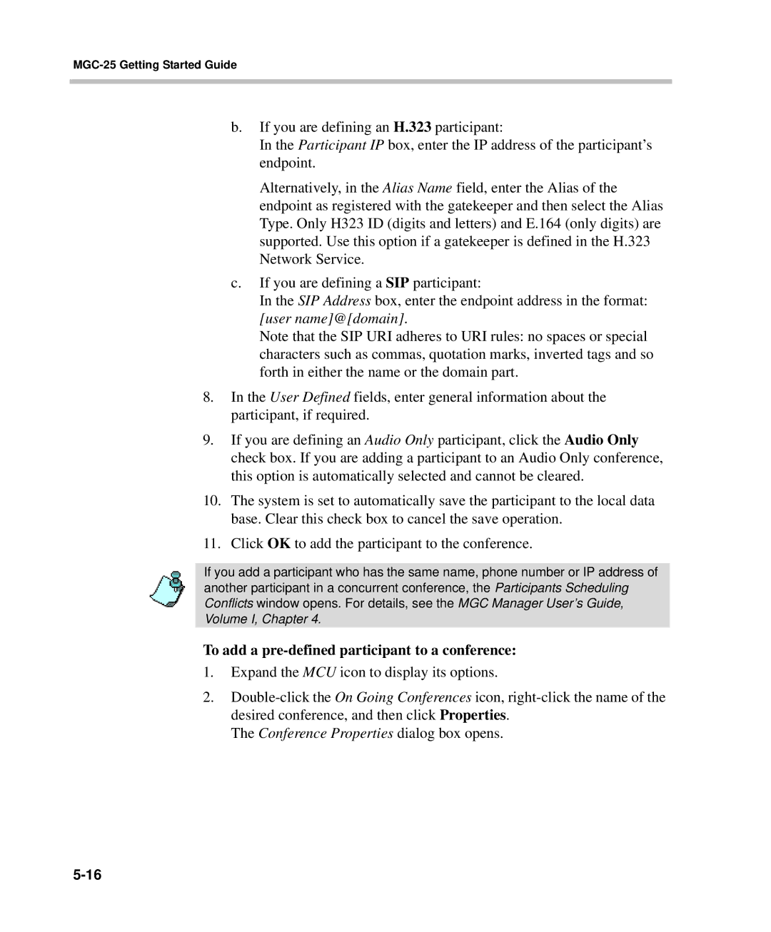 Polycom DOC2232A manual To add a pre-defined participant to a conference, Conference Properties dialog box opens 