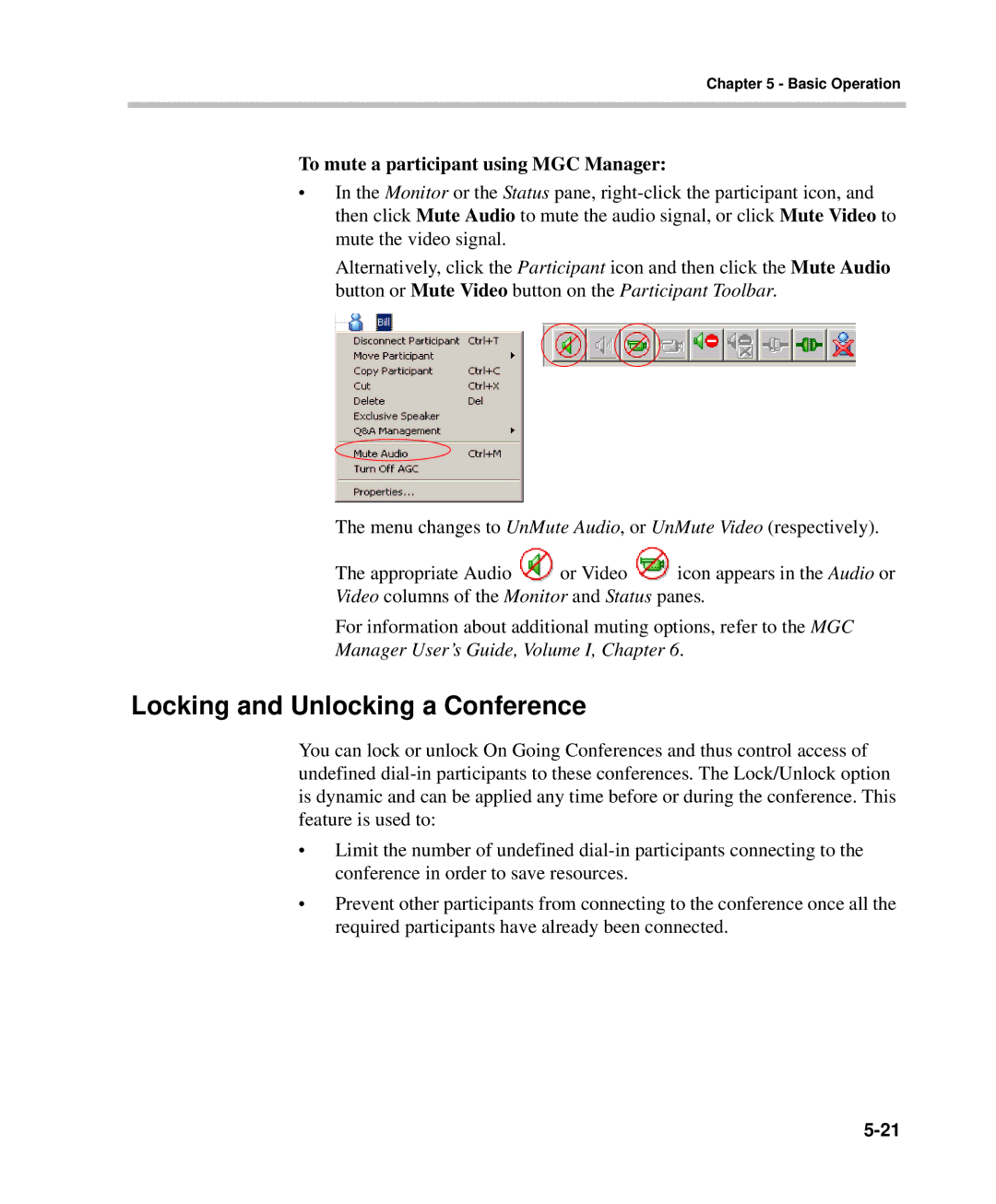 Polycom DOC2232A manual Locking and Unlocking a Conference, To mute a participant using MGC Manager 