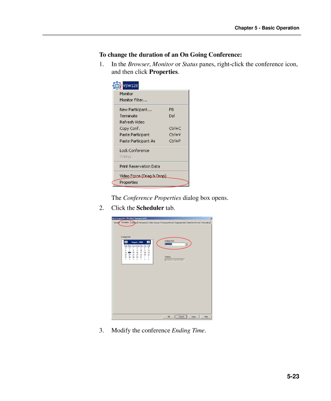 Polycom DOC2232A manual To change the duration of an On Going Conference, Conference Properties dialog box opens 