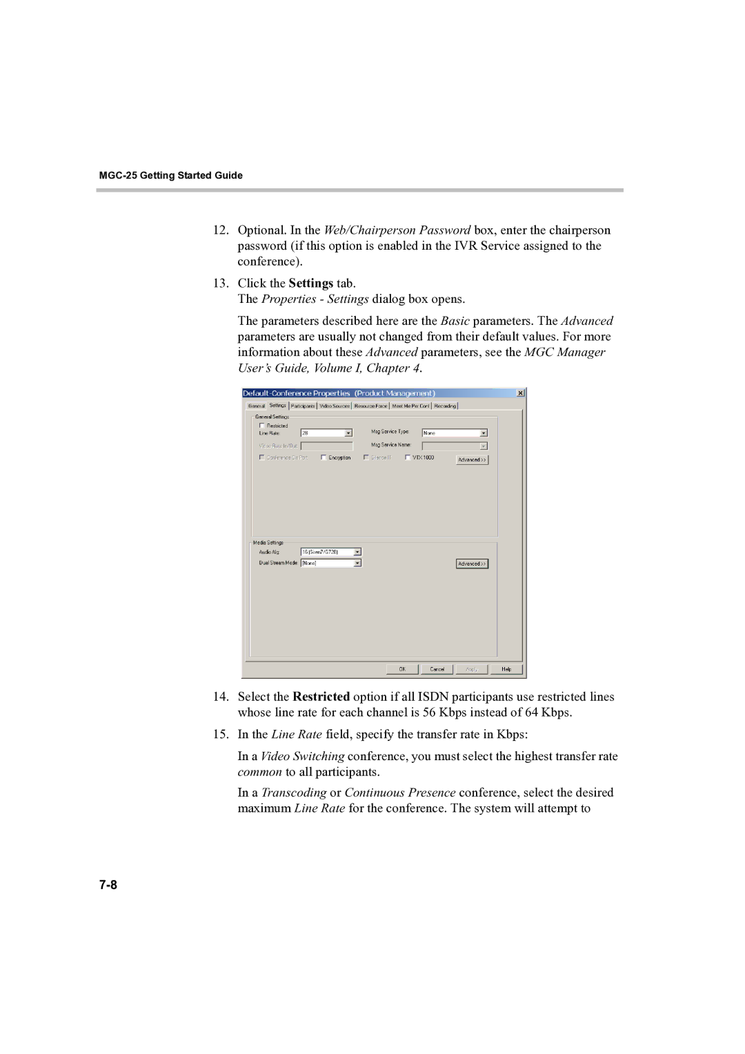 Polycom DOC2232A manual Properties Settings dialog box opens 