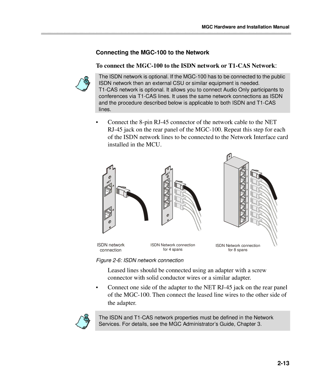 Polycom DOC2237A manual Connecting the MGC-100 to the Network, Isdn network connection 