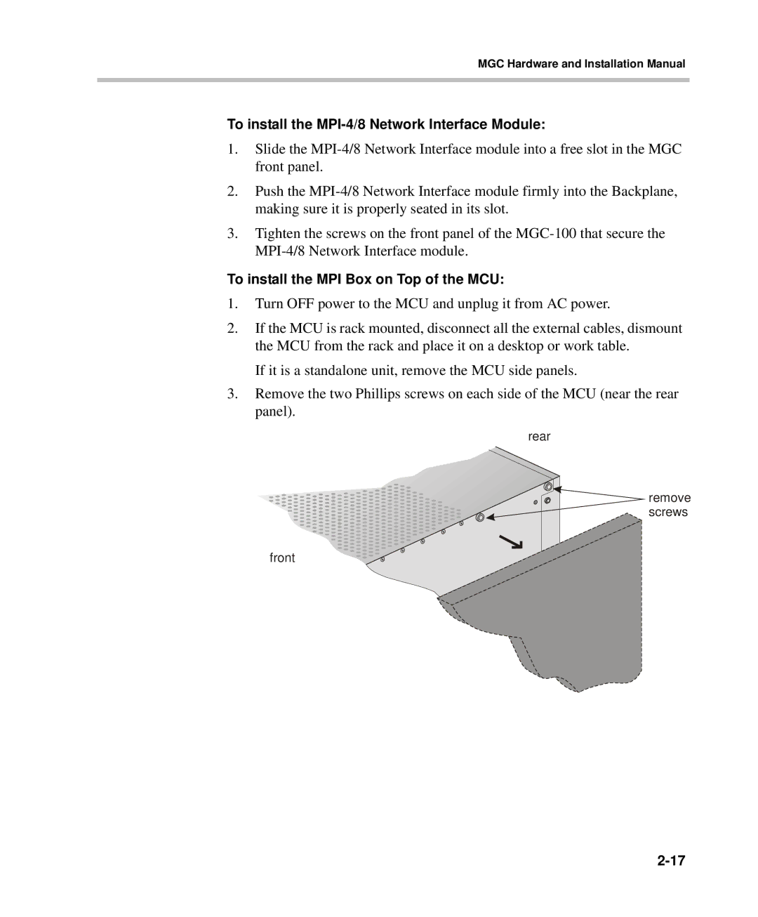 Polycom DOC2237A manual To install the MPI-4/8 Network Interface Module, To install the MPI Box on Top of the MCU 