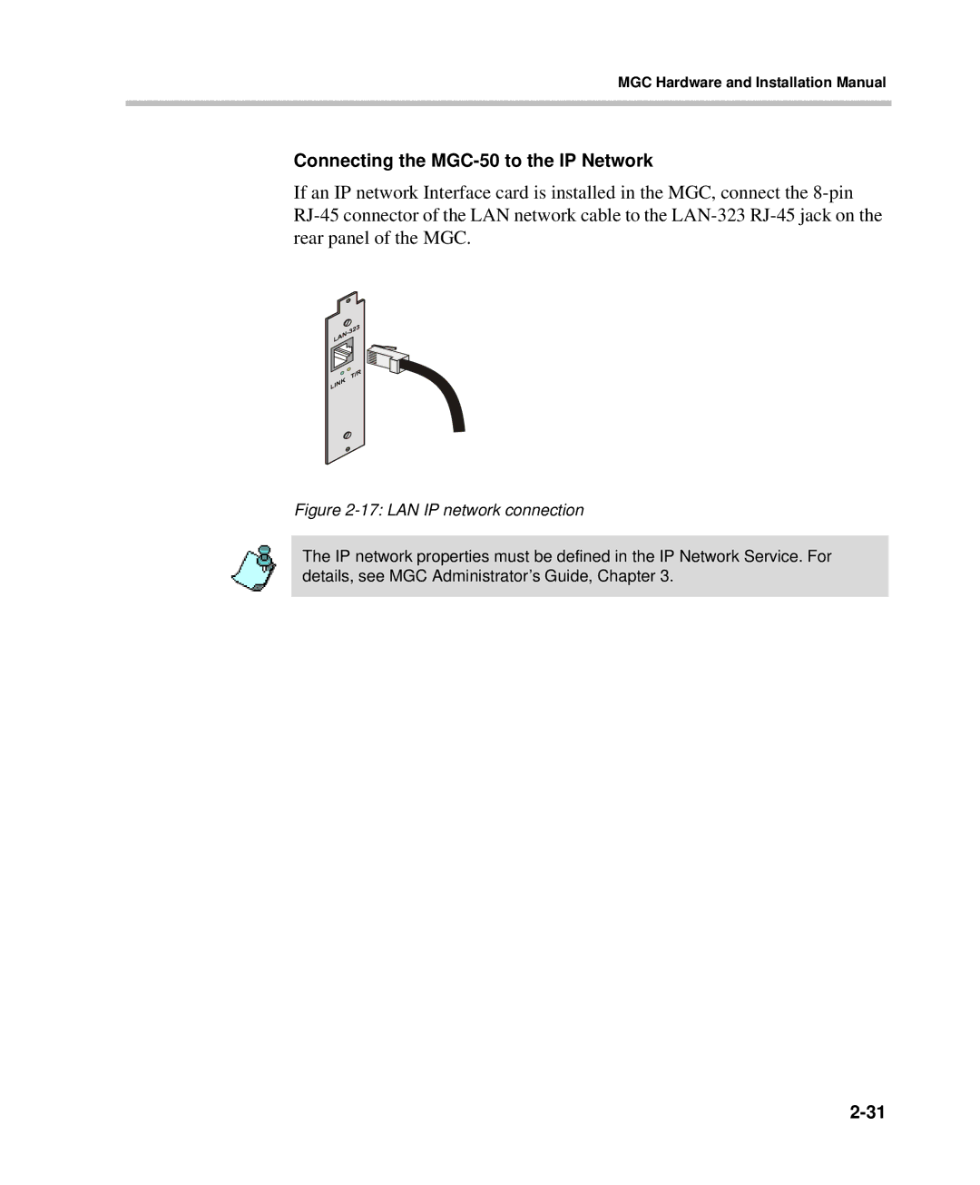 Polycom DOC2237A manual Connecting the MGC-50 to the IP Network, LAN IP network connection 