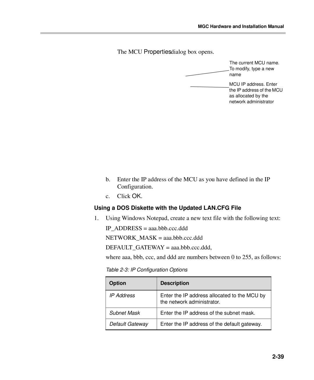 Polycom DOC2237A manual MCU Properties dialog box opens, Using a DOS Diskette with the Updated LAN.CFG File 