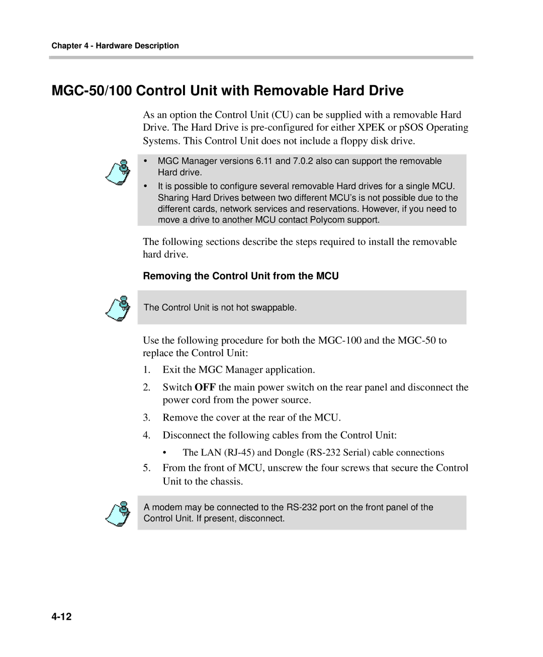 Polycom DOC2237A manual MGC-50/100 Control Unit with Removable Hard Drive, Removing the Control Unit from the MCU 