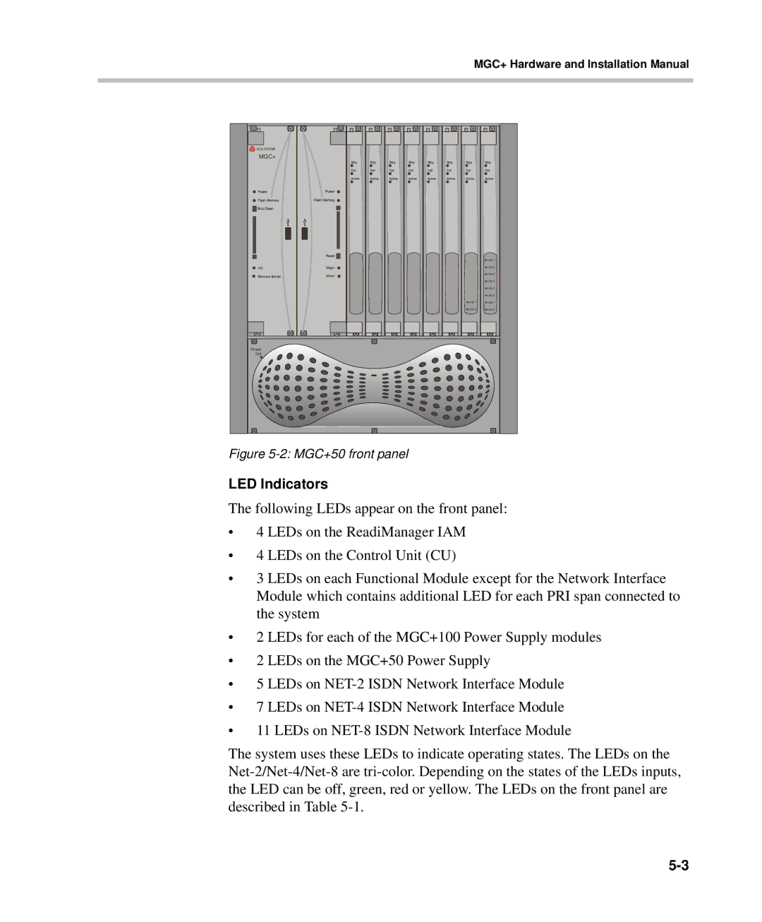 Polycom DOC2238A manual LED Indicators, MGC+50 front panel 