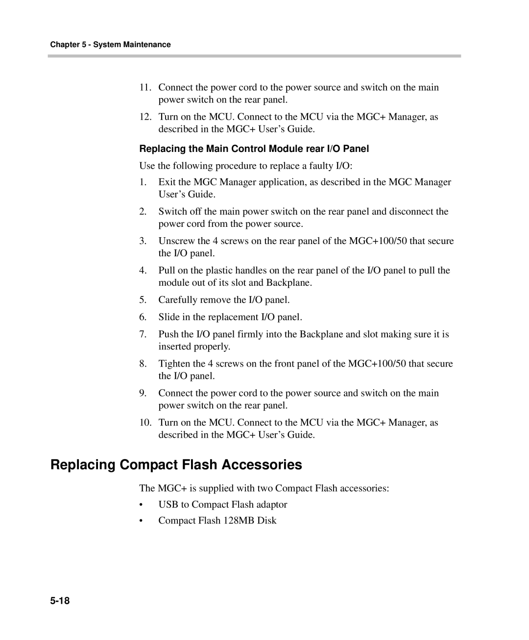 Polycom DOC2238A manual Replacing Compact Flash Accessories, Replacing the Main Control Module rear I/O Panel 