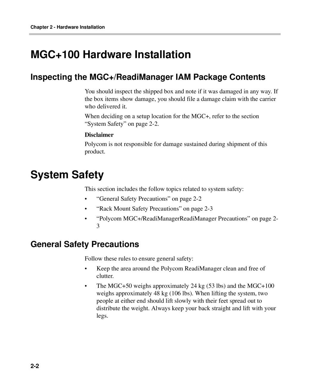 Polycom DOC2238A manual MGC+100 Hardware Installation, System Safety, Inspecting the MGC+/ReadiManager IAM Package Contents 